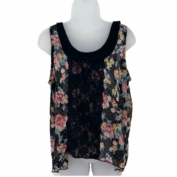 About a Girl Sheer Sleeveless Floral and Lace Top Black and Pink Size M - Picture 1 of 5